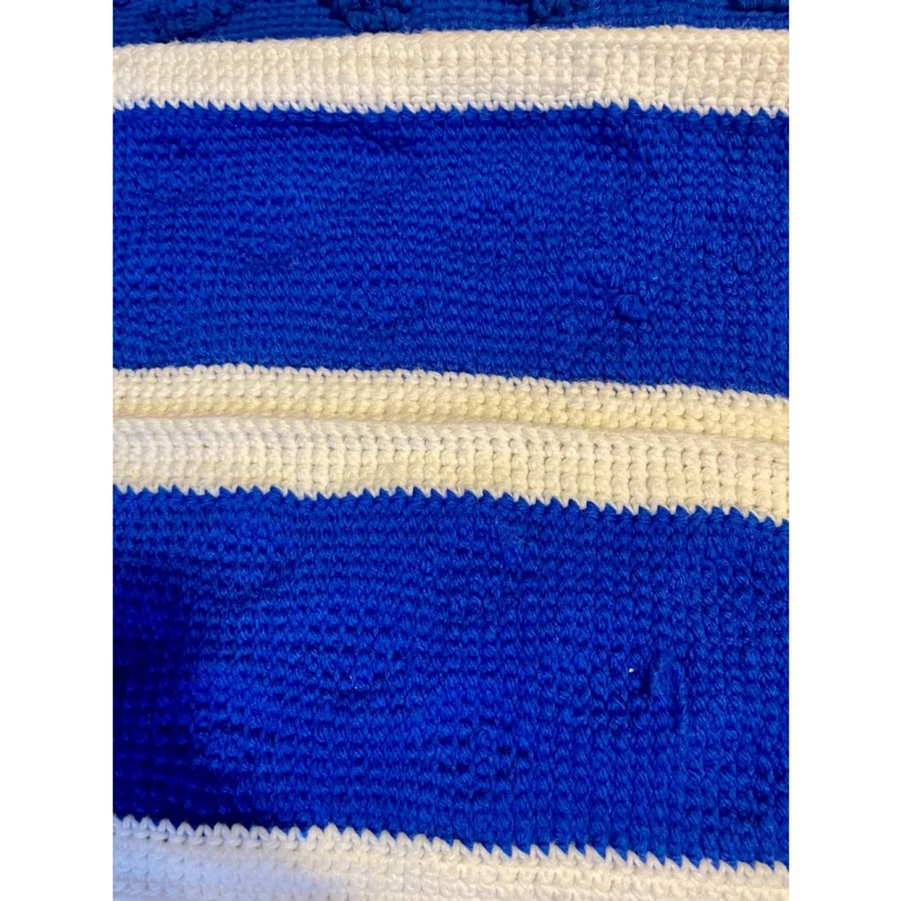 Handmade Afghan Blue and White Striped textured puffs crochet blanket school